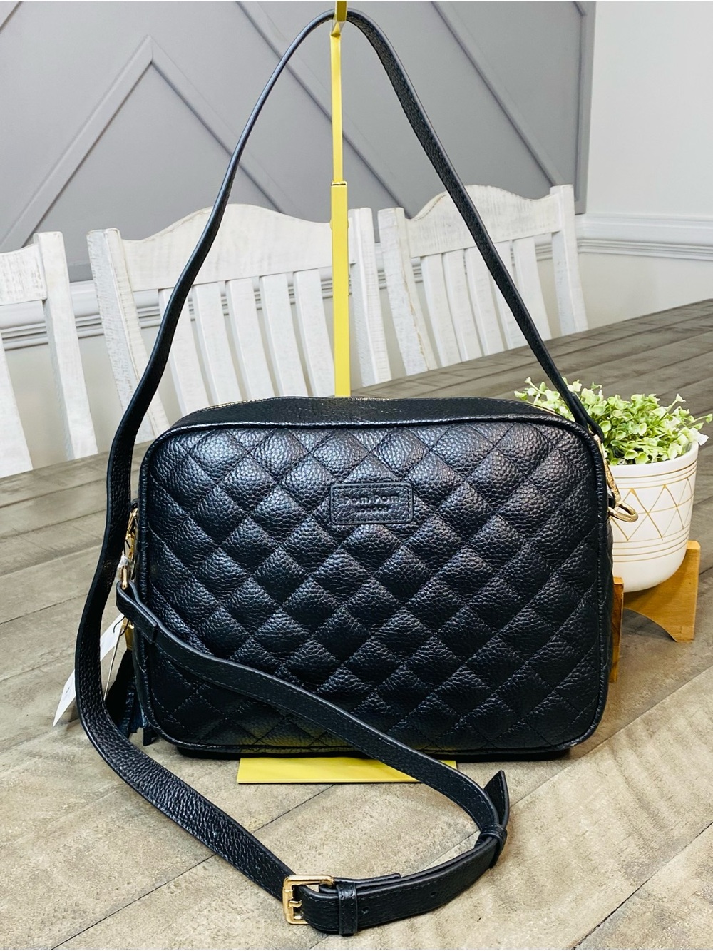 Pom Pom London Quilted City Plus Bag Black Pebbled Leather Crossbody